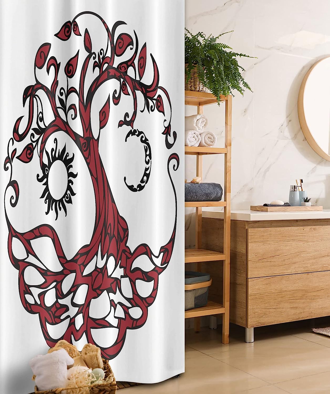 Sun And Half-Moon Hanging Theme Nature Stall Shower Curtain, Fabric Bathroom Decor - Maroon Black White