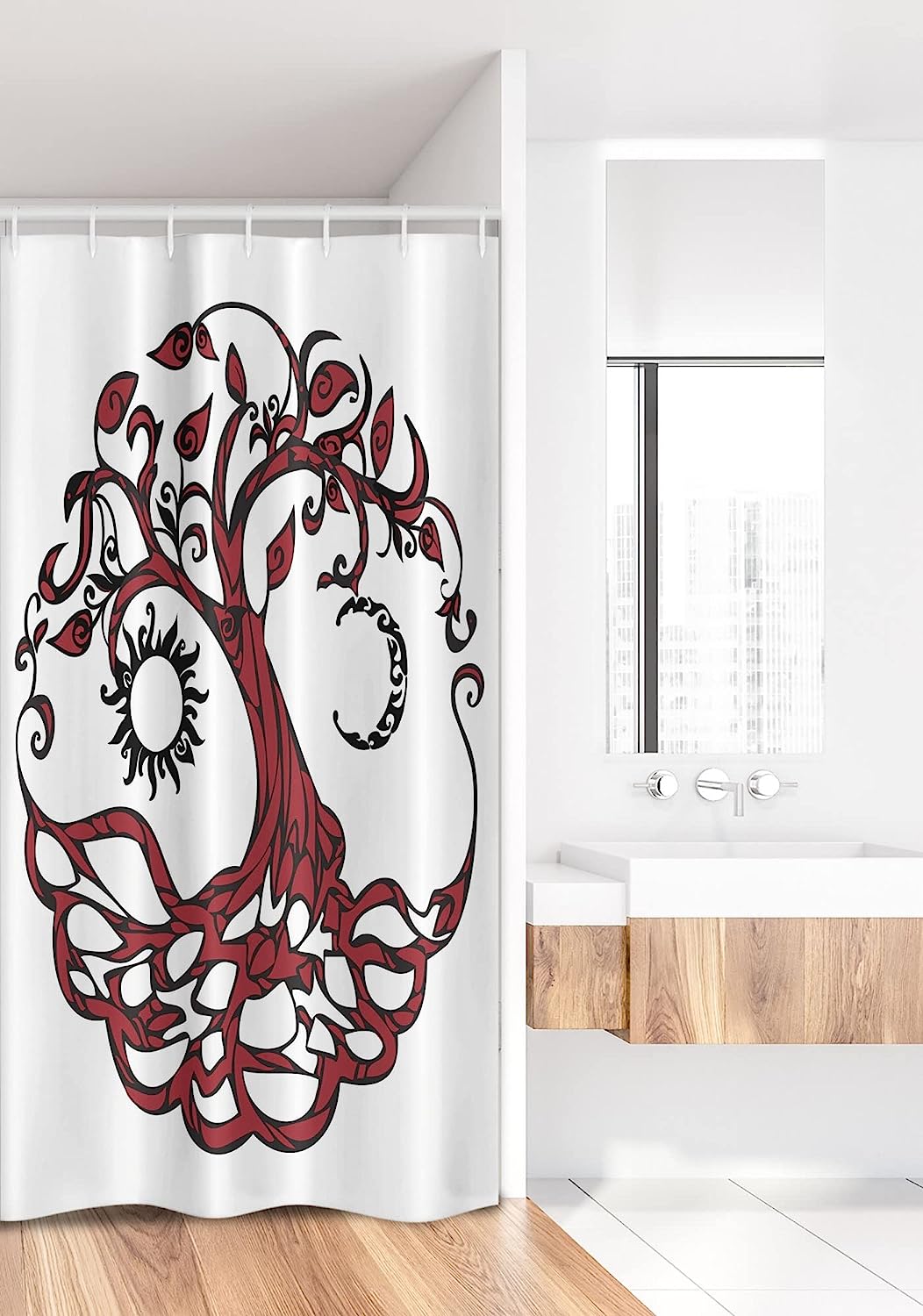 Sun And Half-Moon Hanging Theme Nature Stall Shower Curtain, Fabric Bathroom Decor - Maroon Black White - Image 2