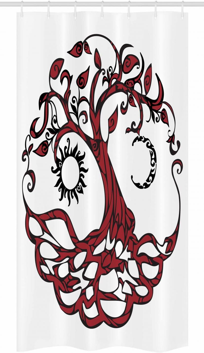 Sun And Half-Moon Hanging Theme Nature Stall Shower Curtain, Fabric Bathroom Decor - Maroon Black White - Image 3