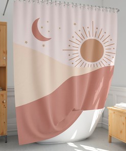Sun And Moon Earth-Tone Boho Shower Curtain With Cosmic Aesthetic For Relaxing Bathroom Decor