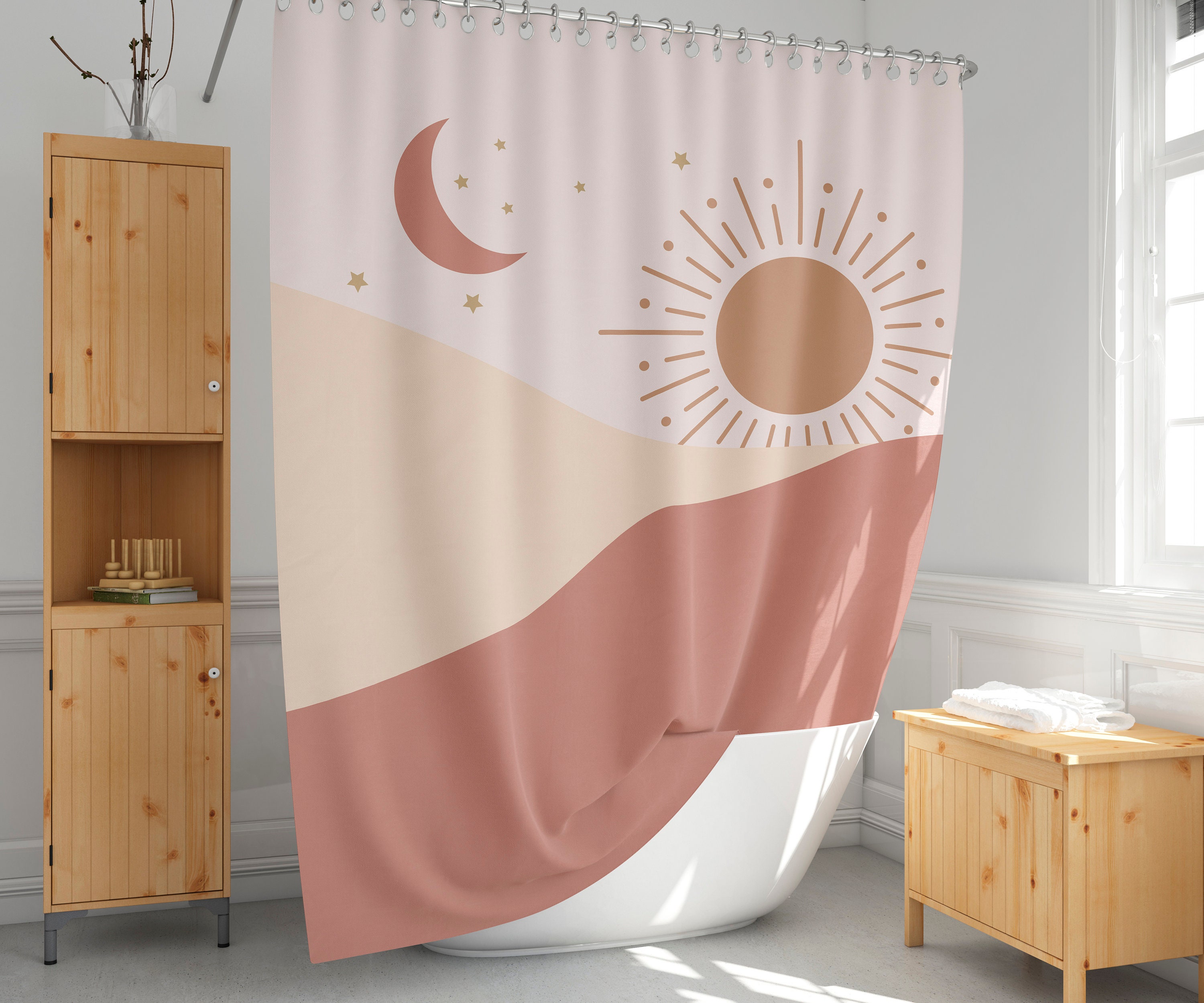 Sun And Moon Earth-Tone Boho Shower Curtain With Cosmic Aesthetic For Relaxing Bathroom Decor
