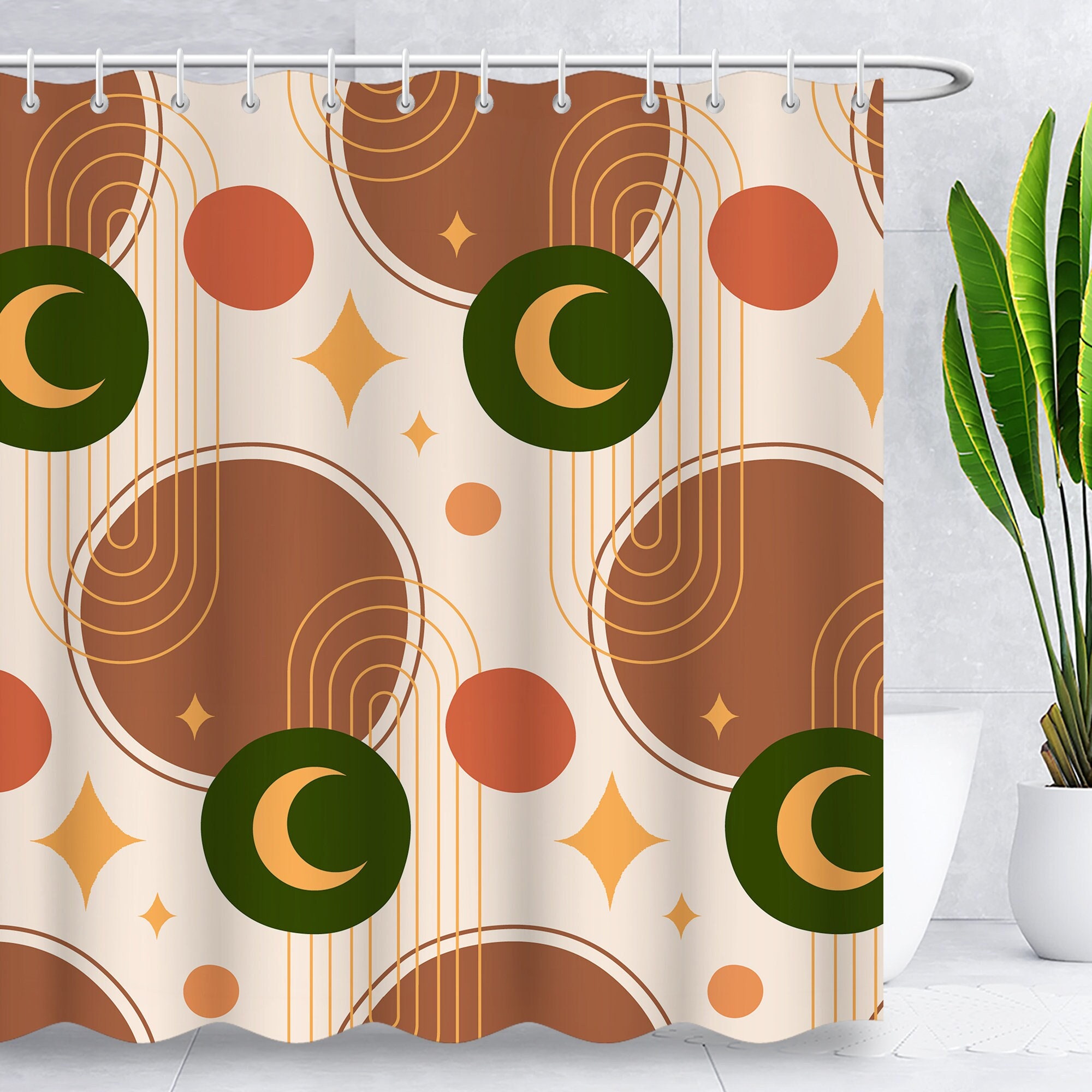 Sun And Moon Mid Century Abstract Shower Curtain, Water-Resistant Boho Bathroom Decor