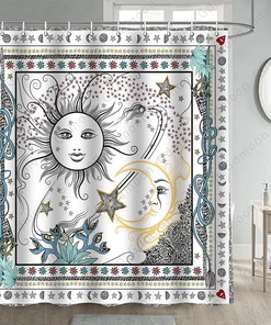 Sun And Moon Shower Curtain, Fantasy Galaxy Bohemian Flower Plant Pattern Bathroom Decor