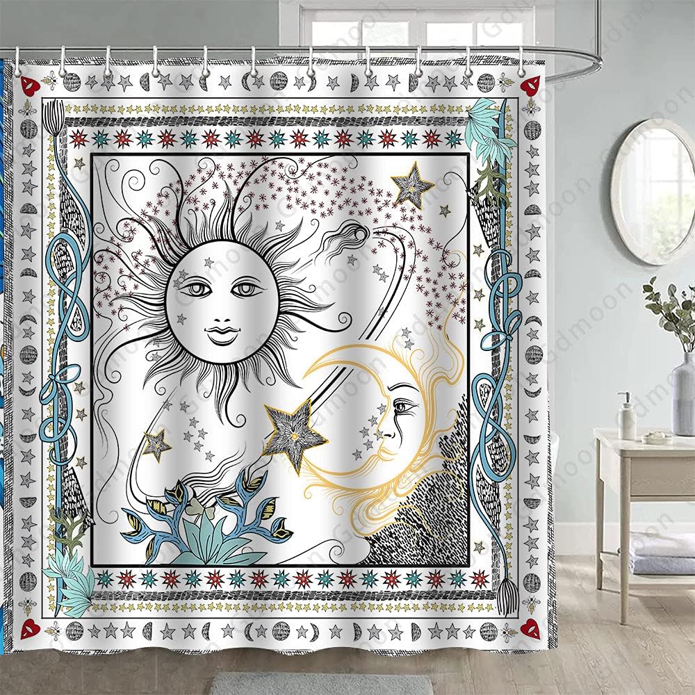 Sun And Moon Shower Curtain, Fantasy Galaxy Bohemian Flower Plant Pattern Bathroom Decor