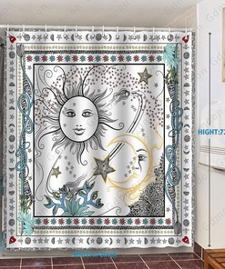 Sun And Moon Shower Curtain, Fantasy Galaxy Bohemian Flower Plant Pattern Bathroom Decor