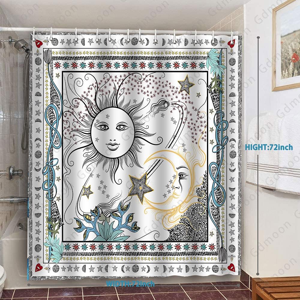 Sun And Moon Shower Curtain, Fantasy Galaxy Bohemian Flower Plant Pattern Bathroom Decor