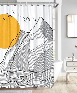 Sun And Mountain Boho Shower Curtain With Abstract Minimalist Design - Yellow Waterproof Fabric