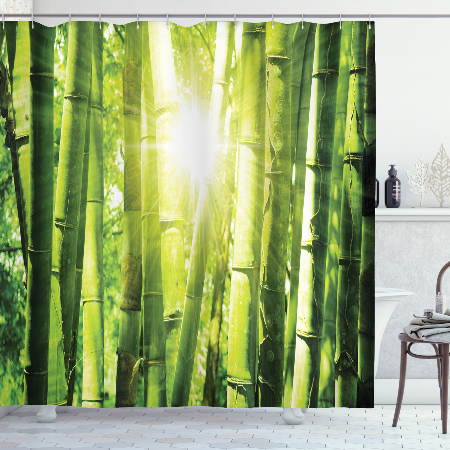 Sun Beams In Wild Jungle Print On Bamboo Shower Curtain, Bring The Outdoors Into Your Bathroom