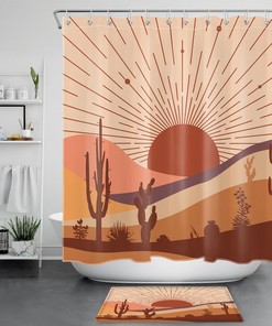 Sun Botanical Desert Cactus on Brown Shower Curtain, Cloth Fabric for Bathroom Decoration 