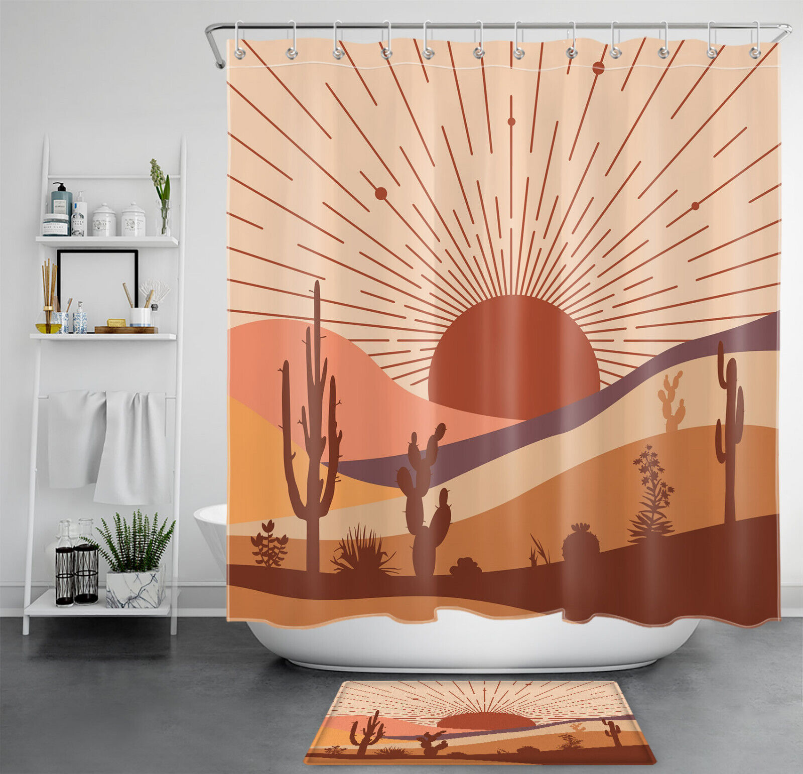 Sun Botanical Desert Cactus on Brown Shower Curtain, Cloth Fabric for Bathroom Decoration