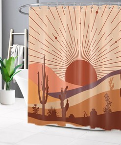 Sun Botanical Desert Cactus on Brown Shower Curtain, Cloth Fabric for Bathroom Decoration