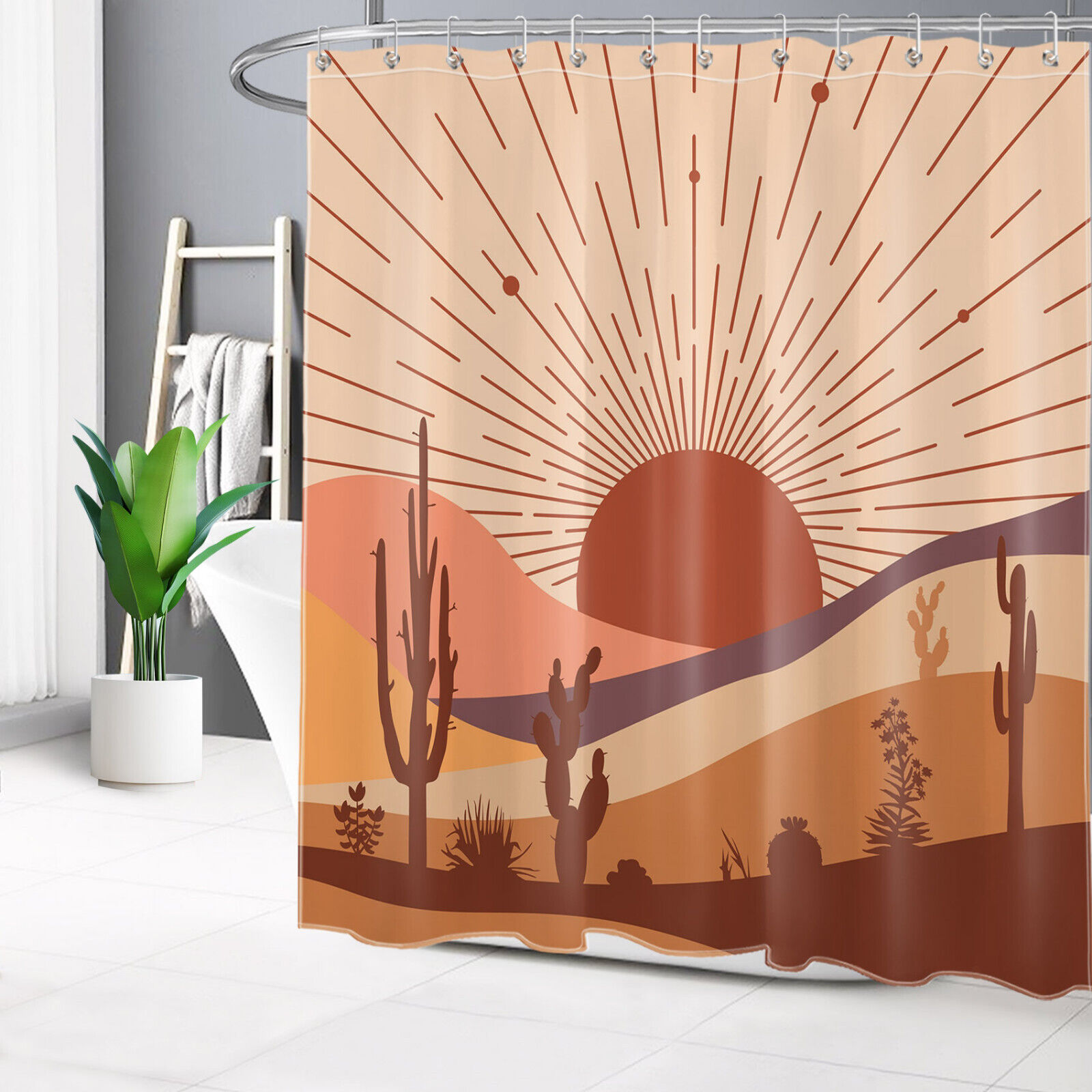 Sun Botanical Desert Cactus on Brown Shower Curtain, Cloth Fabric for Bathroom Decoration