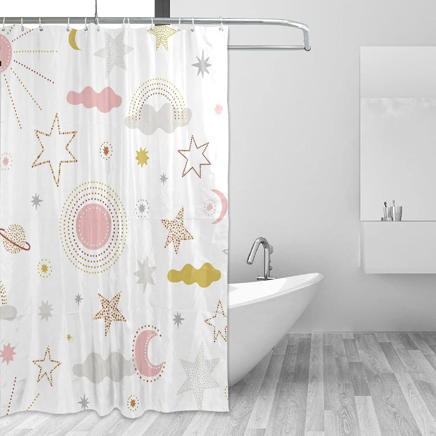 Sun Cloud Moon Rainbow Star Waterproof Fabric Shower Curtain - Bathroom Decor by WELLDAY