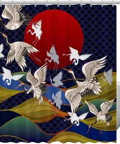 Sun Crane Japanese Style Fabric Shower Curtain for Bathroom Decor