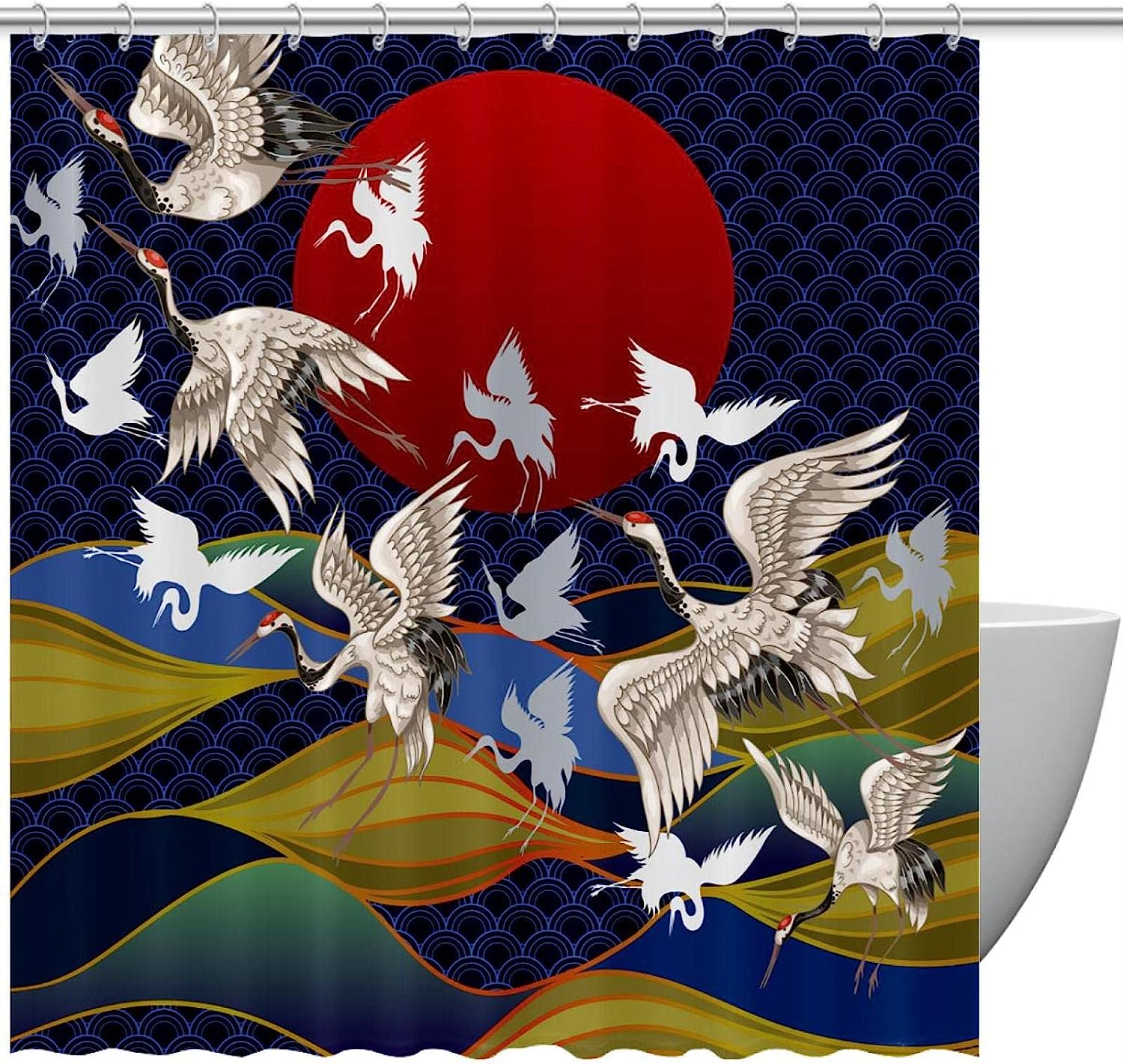 Sun Crane Japanese Style Fabric Shower Curtain for Bathroom Decor