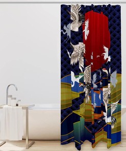 Sun Crane Japanese Style Fabric Shower Curtain for Bathroom Decor