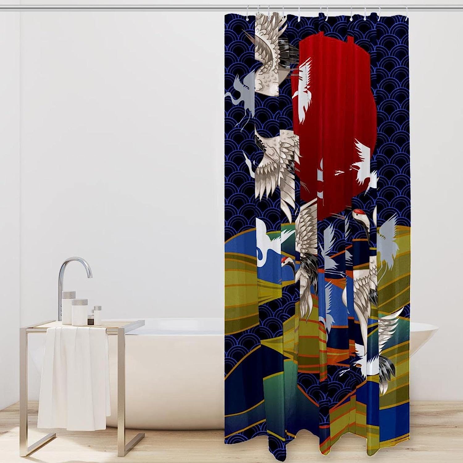 Sun Crane Japanese Style Fabric Shower Curtain for Bathroom Decor