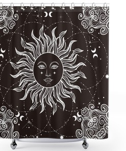Sun Moon Black and White Mandala Celestial Shower Curtain for Spiritual Bathroom Decor