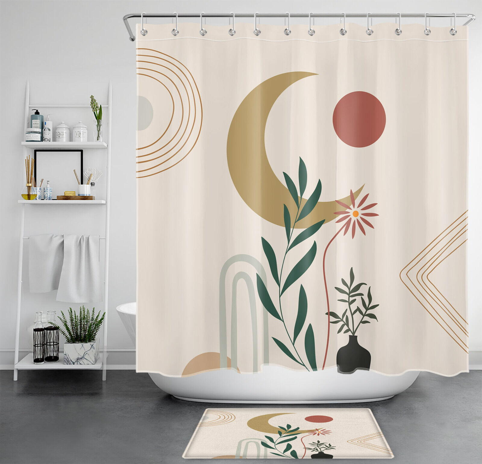 Sun Moon Flower Green Plant Shower Curtain for a Nature themed Bathroom
