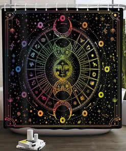 Sun Moon Mandala Celestial Shower Curtain, Zodiac Constellations Print, Mysterious Galaxy Bath Curtain