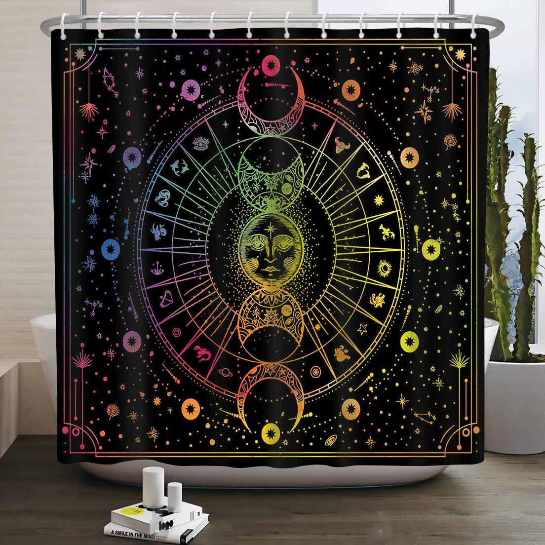 Sun Moon Mandala Celestial Shower Curtain, Zodiac Constellations Print, Mysterious Galaxy Bath Curtain