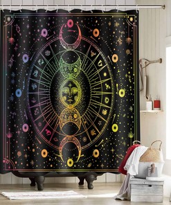 Sun Moon Mandala Celestial Shower Curtain, Zodiac Constellations Print, Mysterious Galaxy Bath Curtain