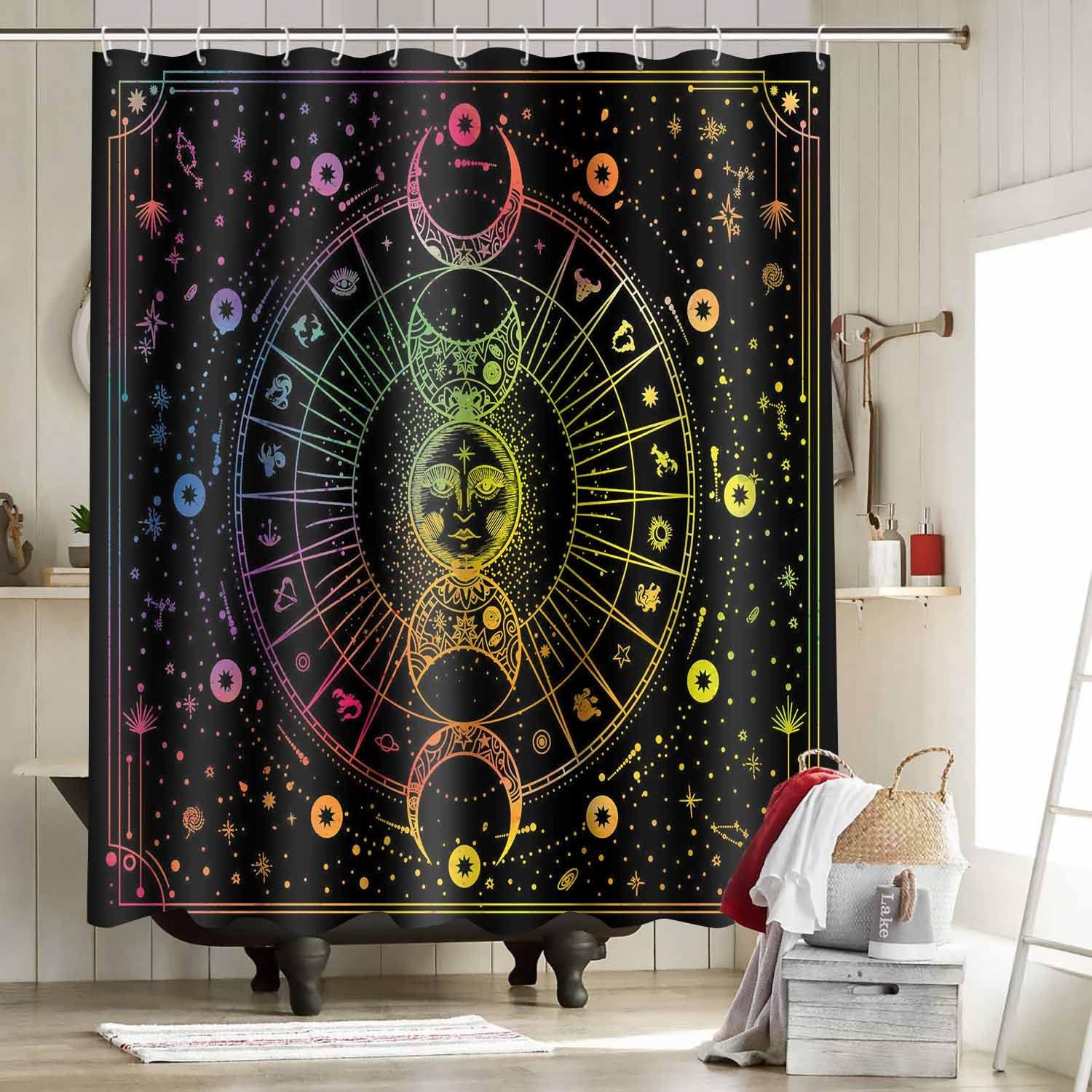 Sun Moon Mandala Celestial Shower Curtain, Zodiac Constellations Print, Mysterious Galaxy Bath Curtain