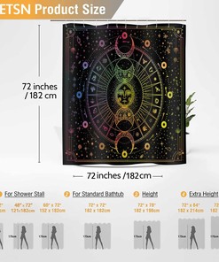 Sun Moon Mandala Celestial Shower Curtain, Zodiac Constellations Print, Mysterious Galaxy Bath Curtain
