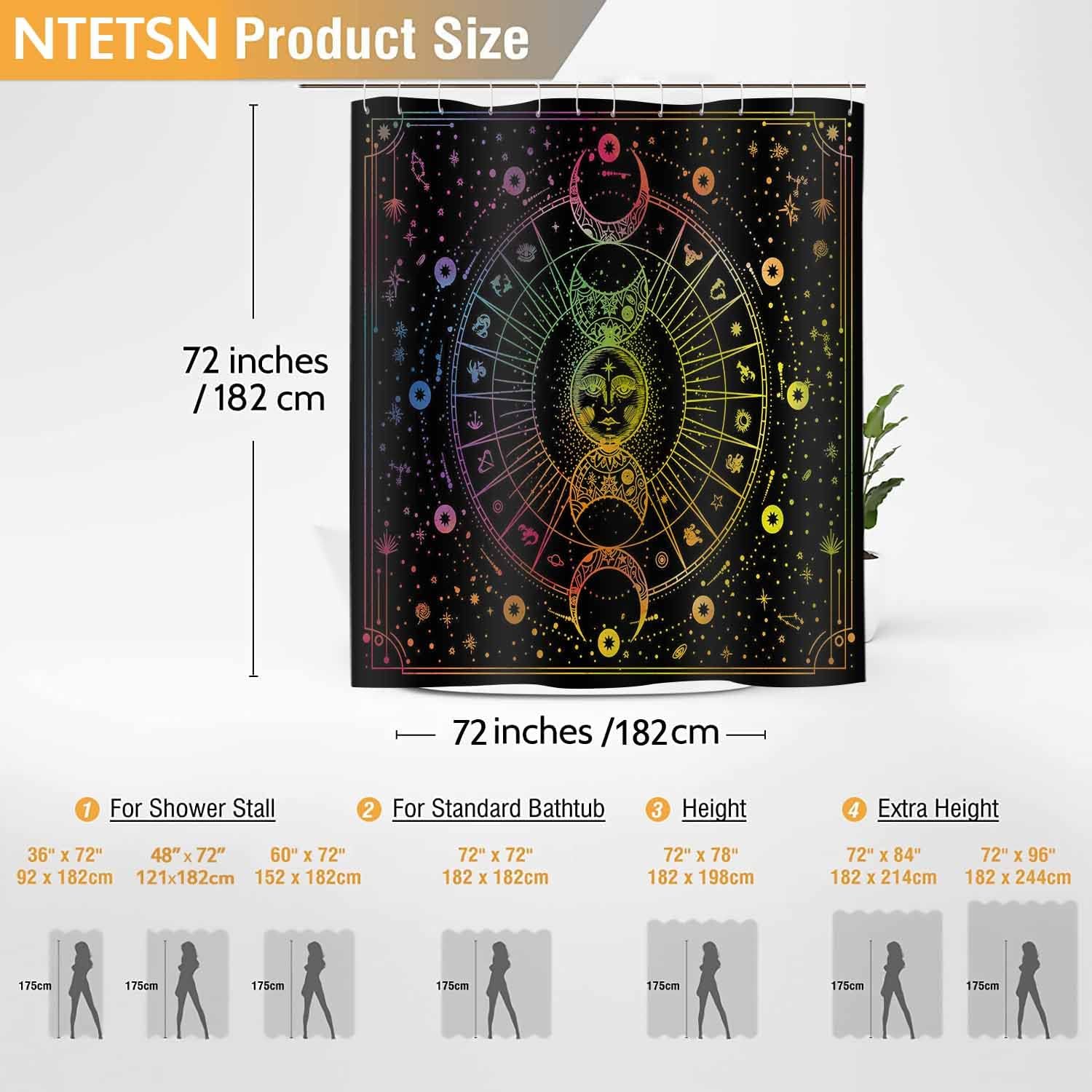 Sun Moon Mandala Celestial Shower Curtain, Zodiac Constellations Print, Mysterious Galaxy Bath Curtain