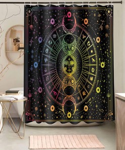 Sun Moon Mandala Celestial Shower Curtain, Zodiac Constellations Print, Mysterious Galaxy Bath Curtain