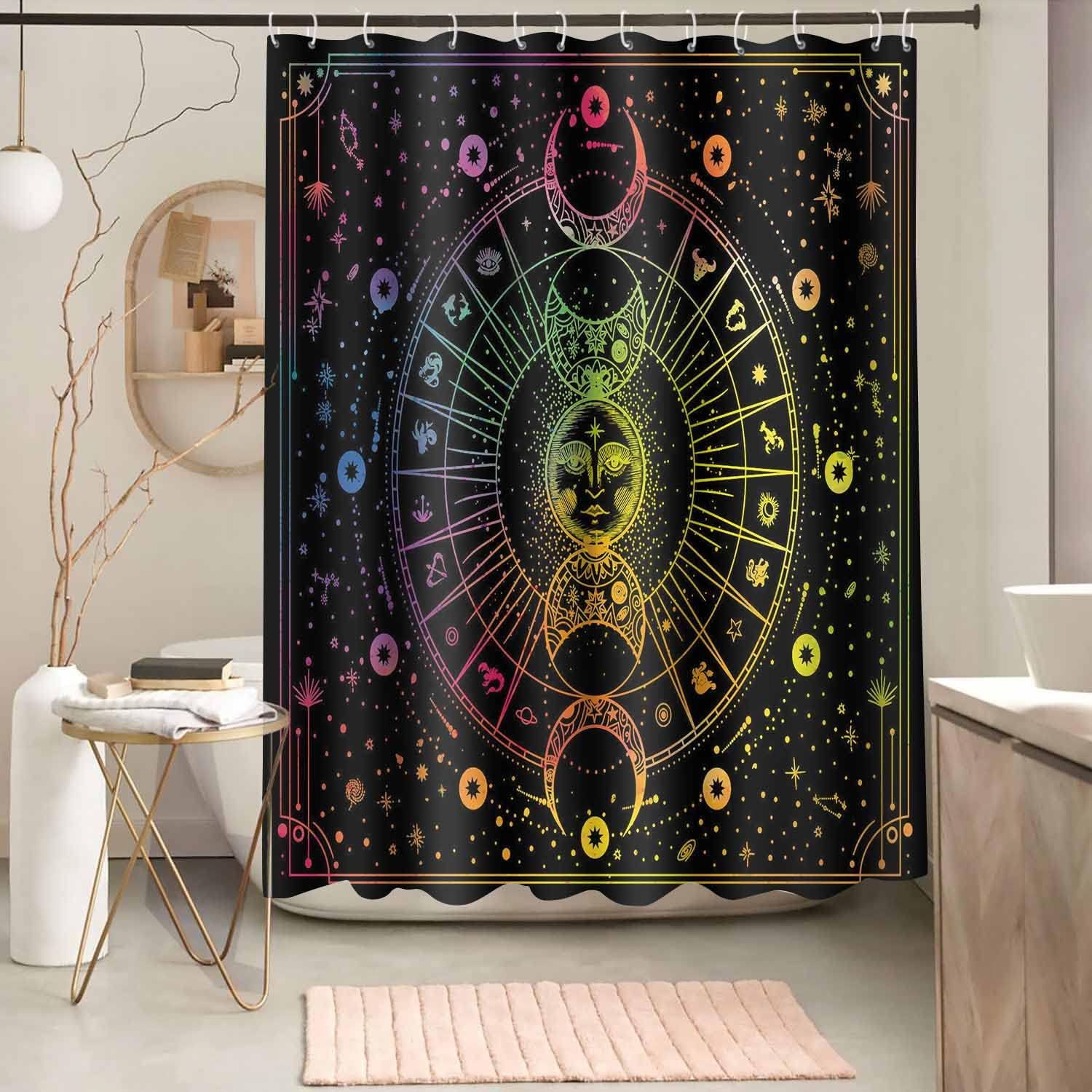Sun Moon Mandala Celestial Shower Curtain, Zodiac Constellations Print, Mysterious Galaxy Bath Curtain