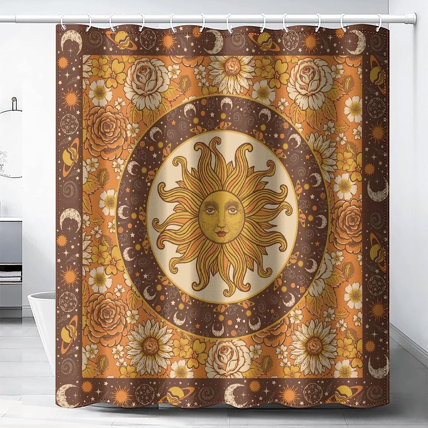 Sun Moon Starry Sky Mystic Mandala Celestial Shower Curtain for Bathroom Decor