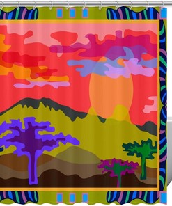 Sun Mountain Tree Colored Background Fabric Shower Curtain for Bathroom Decor