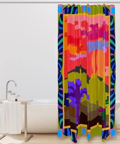 Sun Mountain Tree Colored Background Fabric Shower Curtain for Bathroom Decor
