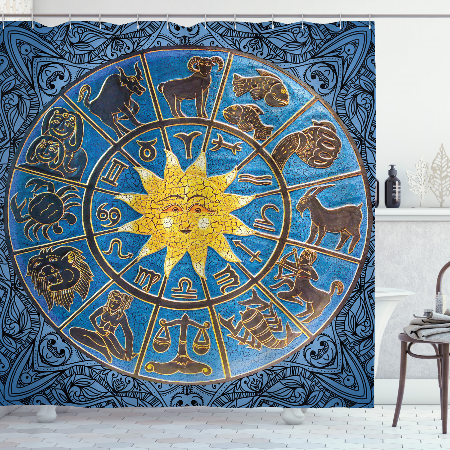 Sun Ornamental Motifs Print Zodiac Shower Curtain
