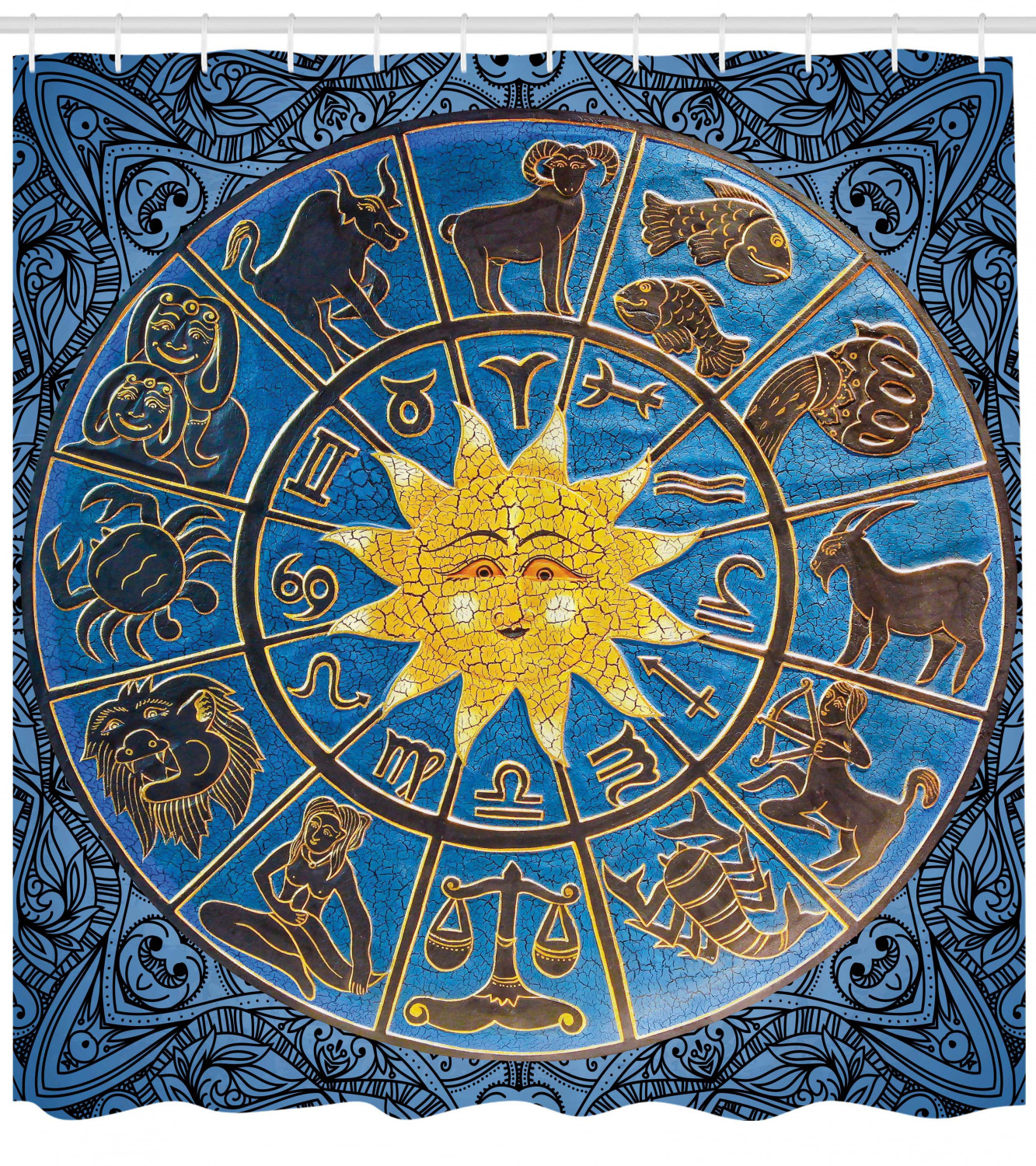 Sun Ornamental Motifs Print Zodiac Shower Curtain