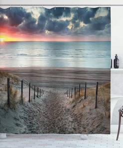 Sun Setting View North Sea Shower Curtain In Blue-Grey And Brown