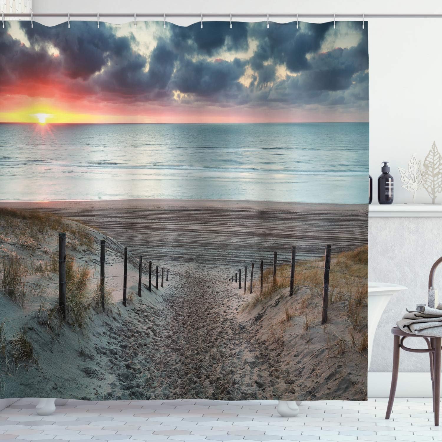 Sun Setting View North Sea Shower Curtain In Blue-Grey And Brown