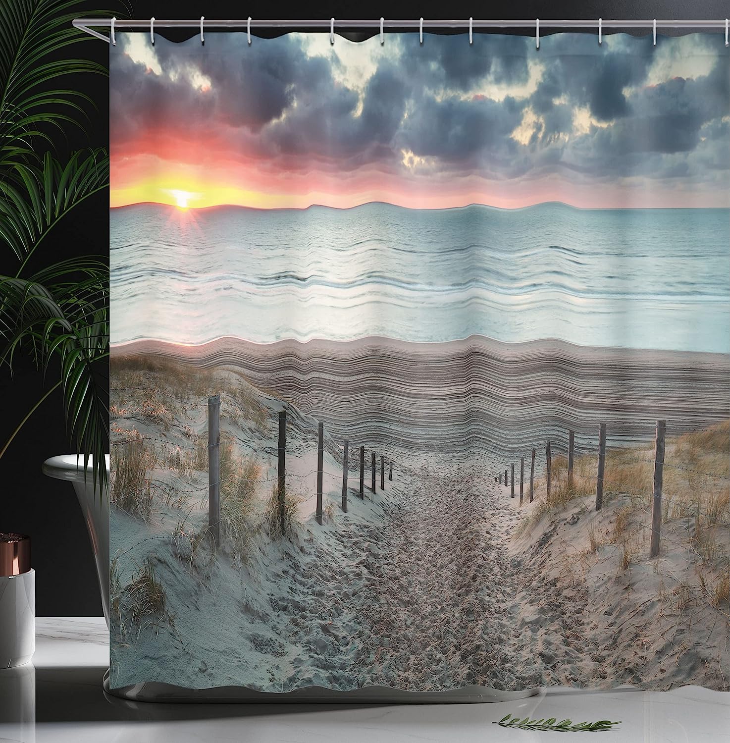 Sun Setting View North Sea Shower Curtain In Blue-Grey And Brown - Image 3
