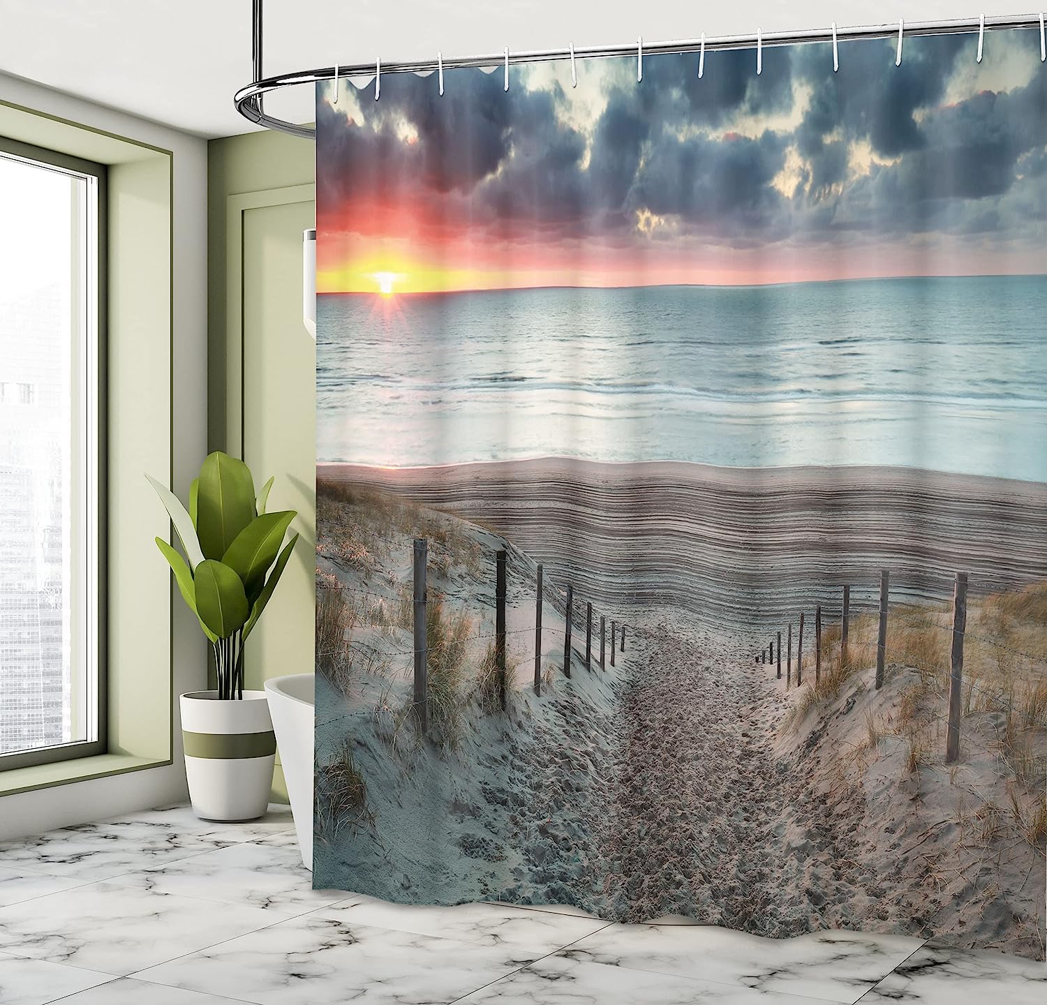 Sun Setting View North Sea Shower Curtain In Blue-Grey And Brown - Image 4