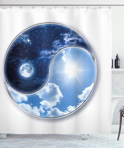 Sun and Moon Figures Space Shower Curtain for a Counterculture Bathroom
