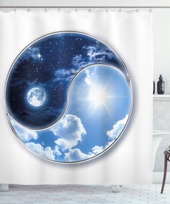 Sun and Moon Figures Space Shower Curtain for a Counterculture Bathroom