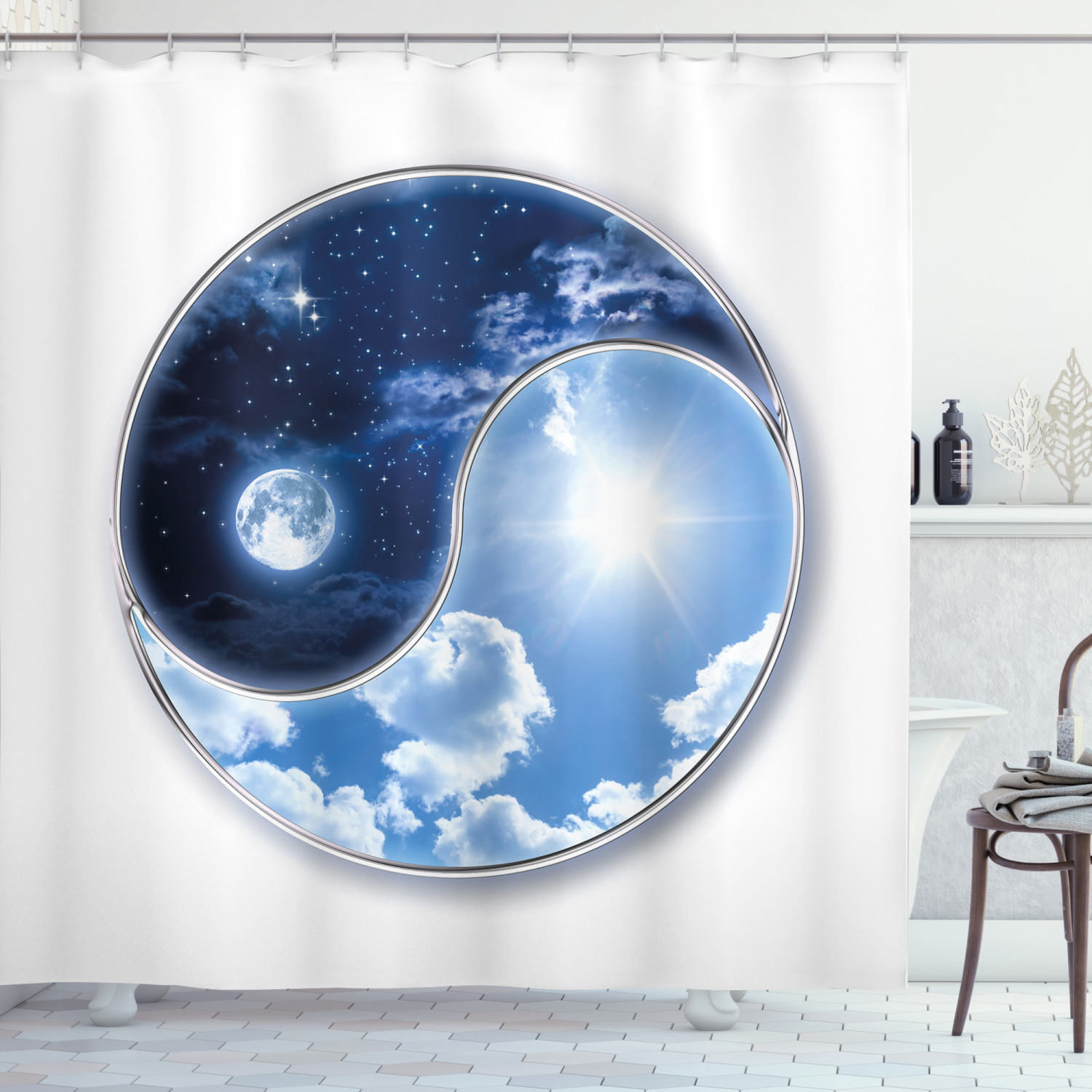 Sun and Moon Figures Space Shower Curtain for a Counterculture Bathroom