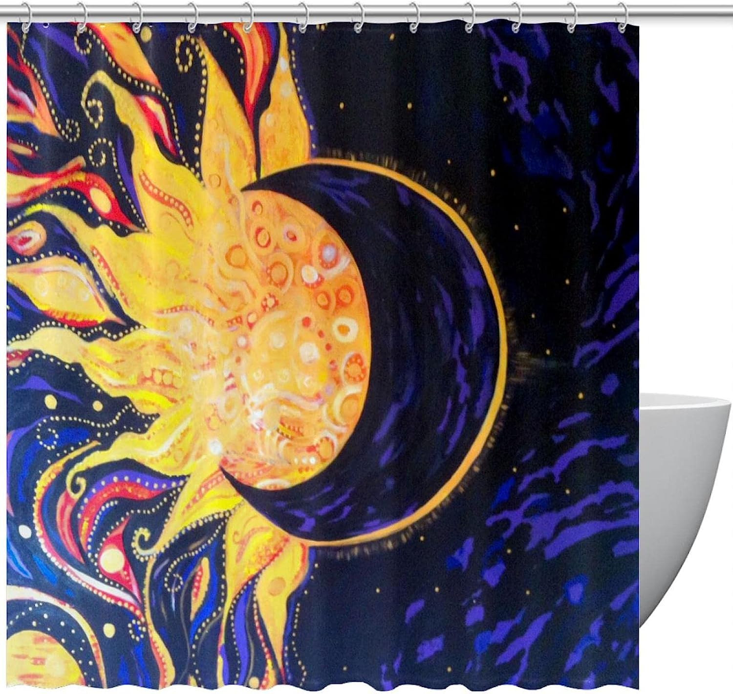 Sun and Moon Print Fabric Shower Curtain for Boho-Inspired Bathroom Decor