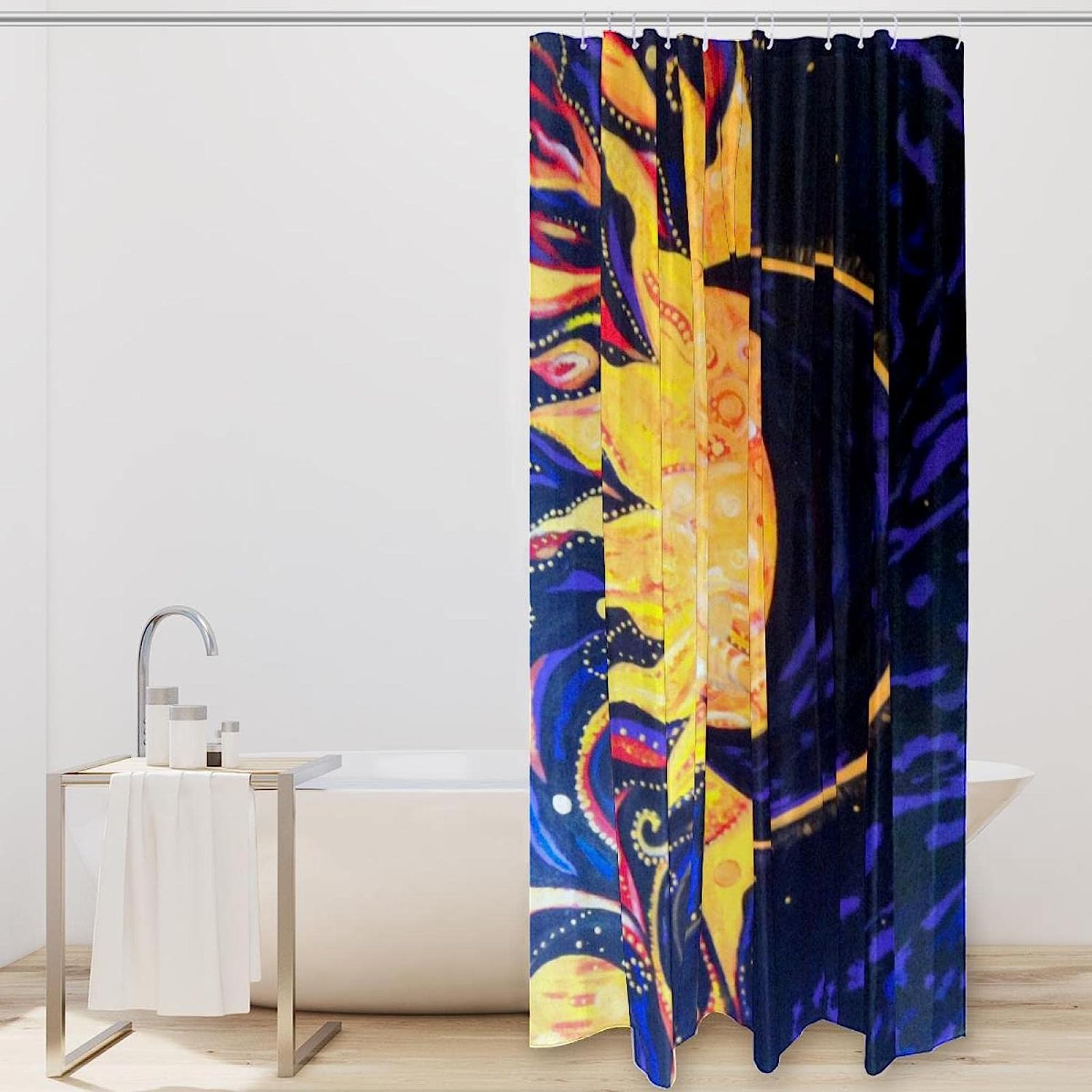 Sun and Moon Print Fabric Shower Curtain for Boho-Inspired Bathroom Decor