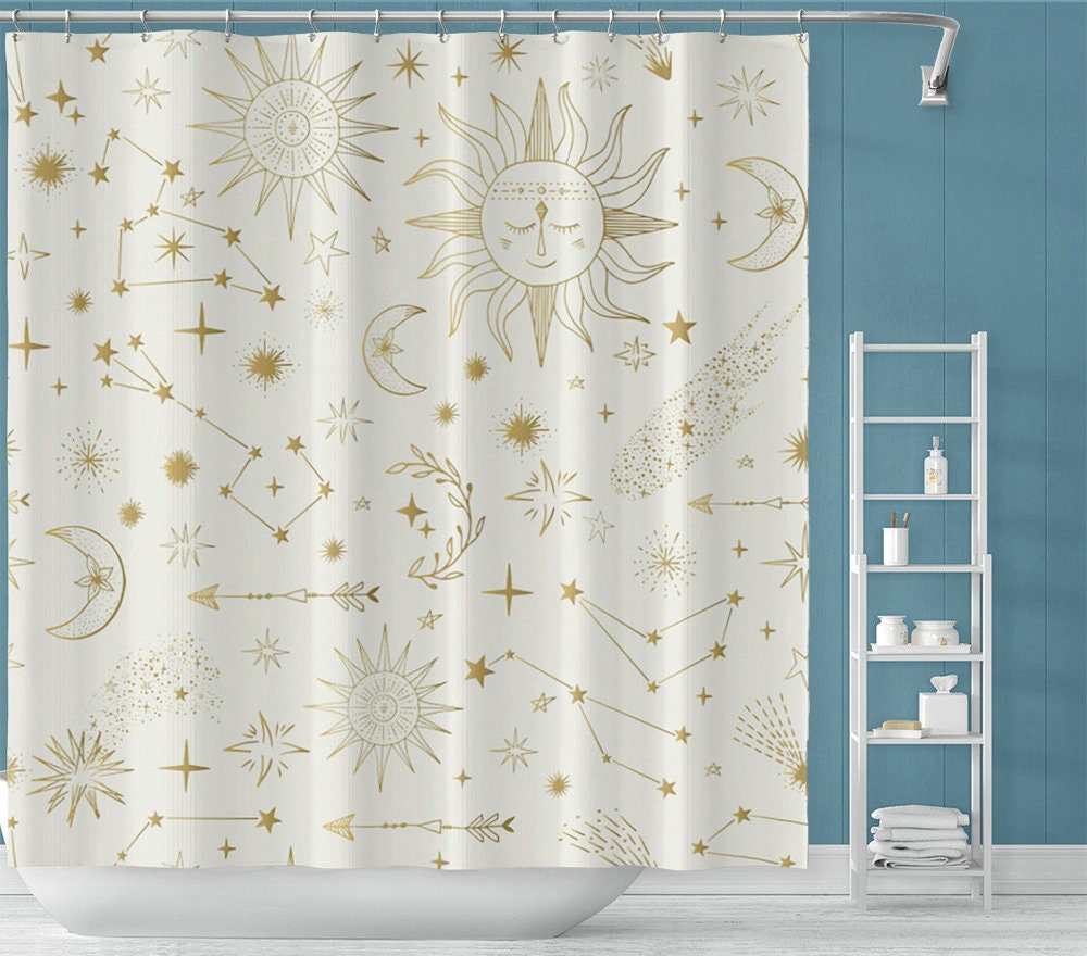 Sun and Moon Shower Curtain with Ivory Background for Bathroom Decor