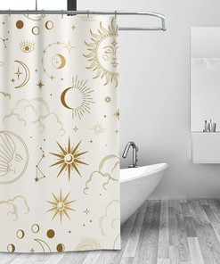 Sun and Moon Tarot Shower Curtain, White Gold Bathroom Decor with Mystical Abstract Creative Design