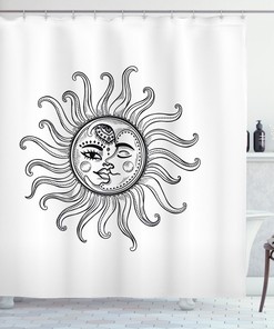 Sun and Moon Tribal Star Moon Symbols Printed Shower Curtain with Cloth Fabric Designs, Unique for Bathroom Decor 