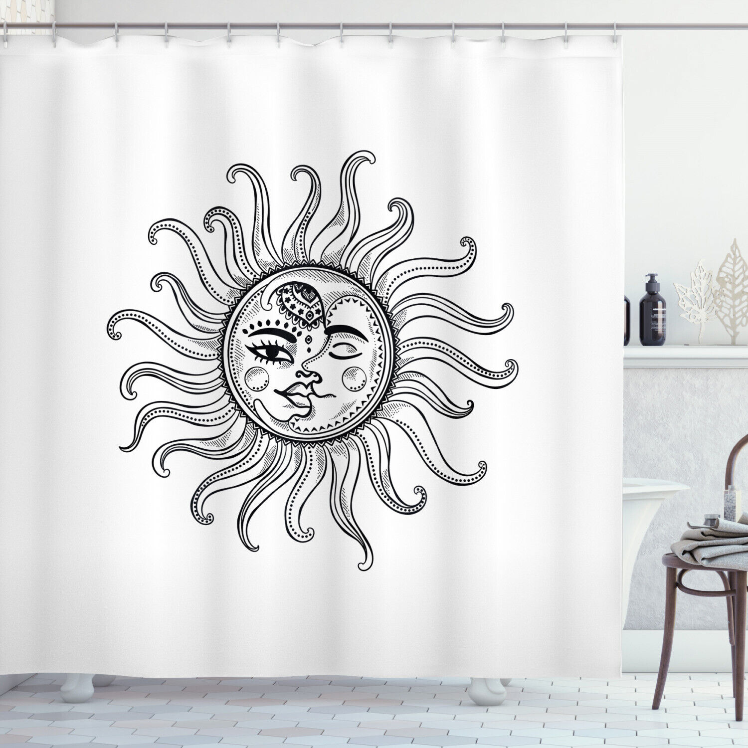 Sun and Moon Tribal Star Moon Symbols Printed Shower Curtain with Cloth Fabric Designs, Unique for Bathroom Decor