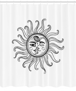 Sun and Moon Tribal Star Moon Symbols Printed Shower Curtain with Cloth Fabric Designs, Unique for Bathroom Decor